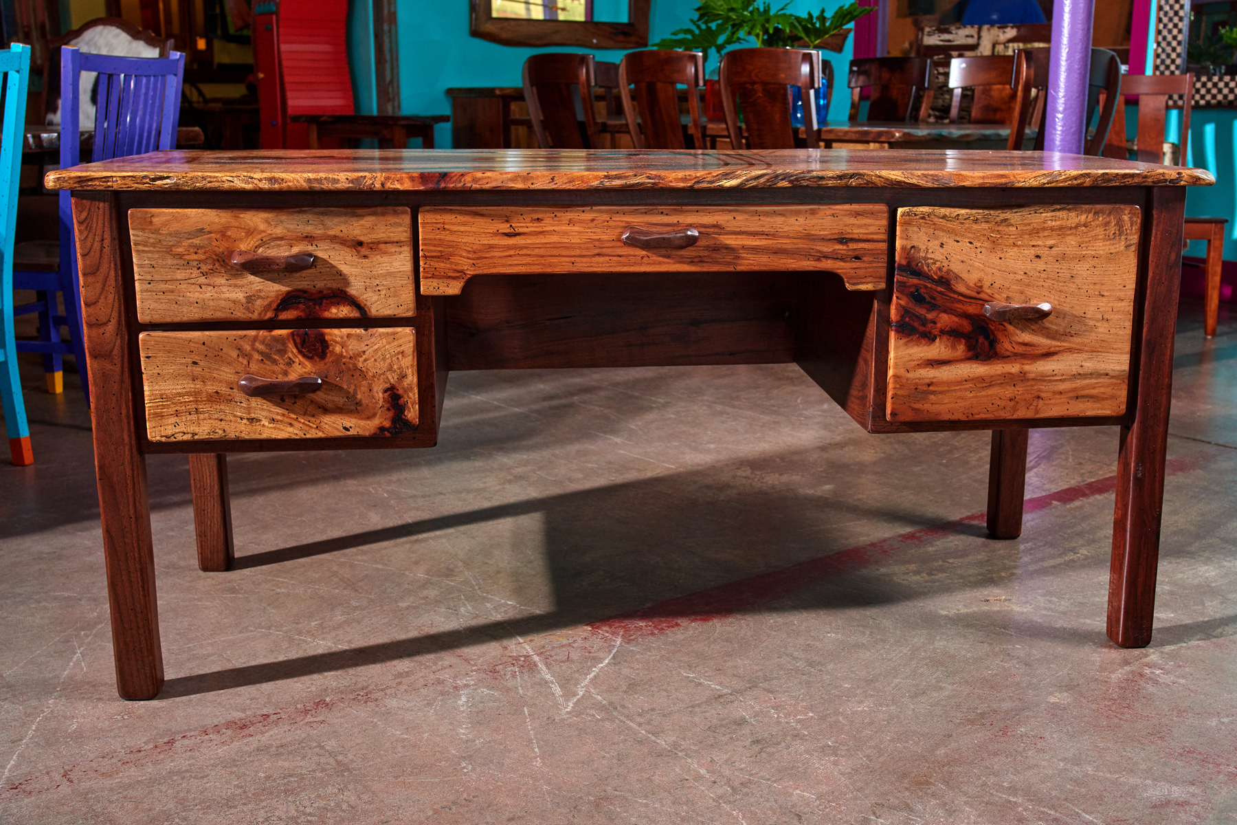 Book Matched Pecan Desk Top, complete with opening desk drawers. - Live Edge Office furniture